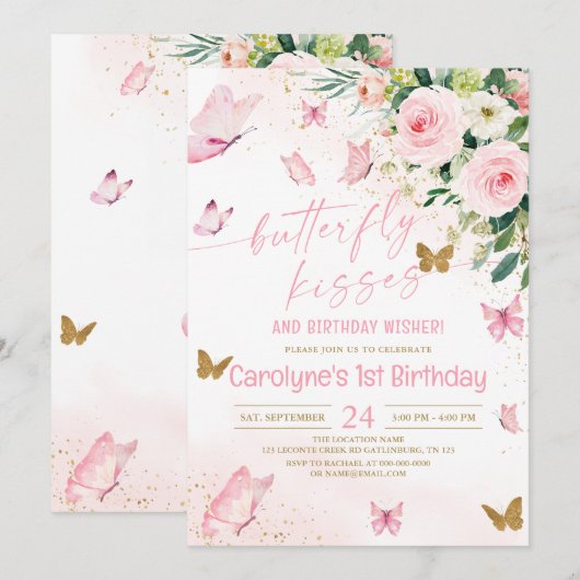 Roze Floral Butterfly Kisses en Birthday Wishes Kaart (Voorkant / Achterkant)