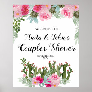 Roze Floral Cactus Couples Shower Welkomstbord Poster