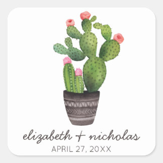 Roze Floral Cactus Vierkante Sticker