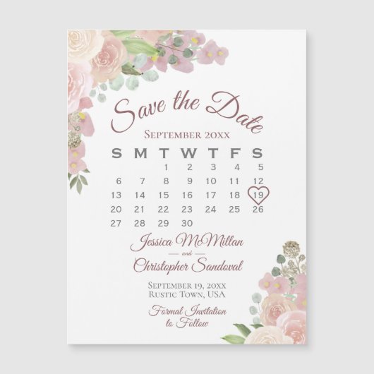 Roze Floral Calendar Wedding Save the Date Magnet (Voorkant)
