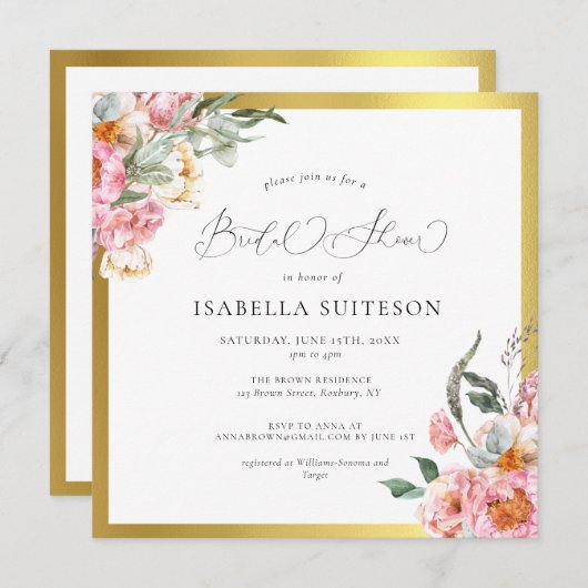 Roze Floral Calligraphy Bridal Shower Invitation Kaart (Voorkant / Achterkant)