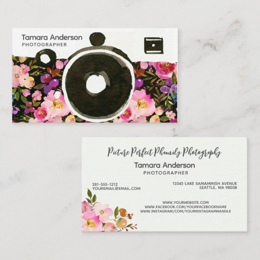 Roze Floral Camera Fotograaf Professional Visitekaartje (Voorkant / Achterkant)
