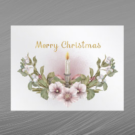  roze Floral Candle Waterverf Kerstmis Feestdagenkaart