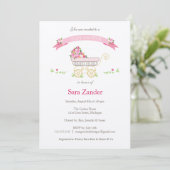 Roze Floral Carriage Baby shower Invitation Kaart (Staand voorkant)