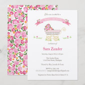 Roze Floral Carriage Baby shower Invitation Kaart (Voorkant / Achterkant)
