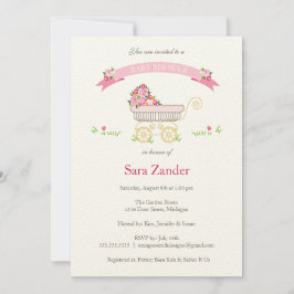 Roze Floral Carriage Baby shower Invitation Kaart