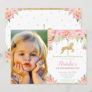 Roze Floral Carrousel 1st Birthday Girl met foto Kaart