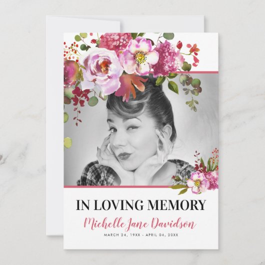 Roze Floral Celebrating Life | Foto Funeral Kaart (Voorkant)