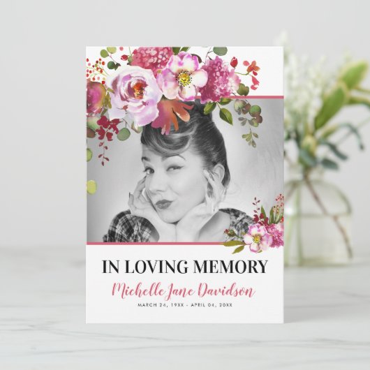 Roze Floral Celebrating Life | Foto Funeral Kaart (Staand voorkant)