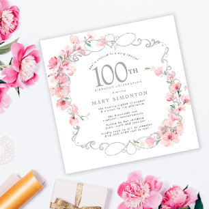 Roze Floral Cherry Blossom 100th Birthday Party Kaart