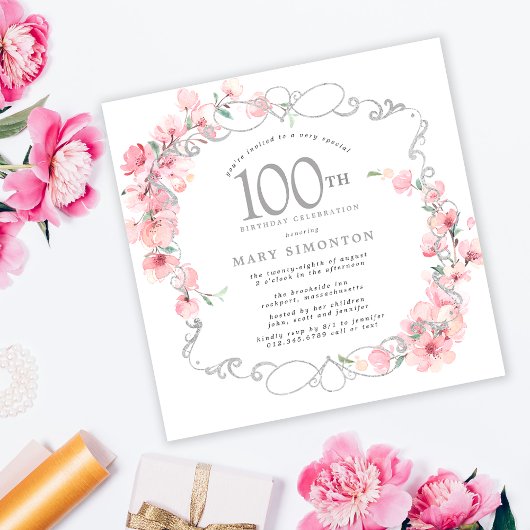Roze Floral Cherry Blossom 100th Birthday Party Kaart