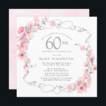 Roze Floral Cherry Blossom 60th Birthday Party Kaart<br><div class="desc">Soft blush roze cherry bloesems zijn verweven met een elegant zilver lijst. De details van de 60ste verjaardag worden geschreven in een zachte grijze tekst. Deze vierkant verjaardagsuitnodiging heeft een zacht roze waterverf op de achterkant. Het is partij bij het 60e Birthday Cherry Blossom collectie. Het bevat de punten u...</div>