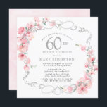 Roze Floral Cherry Blossom 60th Birthday Party Kaart<br><div class="desc">Soft blush roze cherry bloesems zijn verweven met een elegant zilver lijst. De details van de 60ste verjaardag worden geschreven in een zachte grijze tekst. Deze vierkant verjaardagsuitnodiging heeft een zacht roze waterverf op de achterkant. Het is partij bij het 60e Birthday Cherry Blossom collectie. Het bevat de punten u...</div>