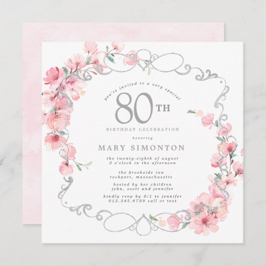 Roze Floral Cherry Blossom 80th Birthday Party Kaart (Voorkant / Achterkant)