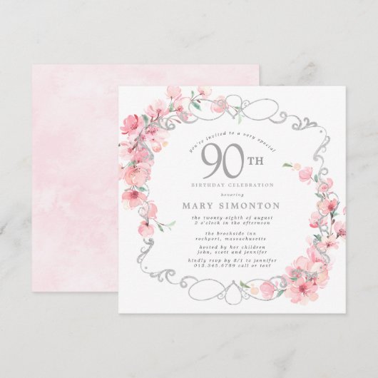 Roze Floral Cherry Blossom 90th Birthday Party Kaart (Voorkant / Achterkant)
