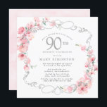 Roze Floral Cherry Blossom 90th Birthday Party Kaart<br><div class="desc">Soft blush roze cherry bloesems zijn verweven met een elegant zilver lijst. De details van de 90e verjaardag worden geschreven in een zachte grijze tekst. Deze vierkant verjaardagsuitnodiging heeft een zacht roze waterverf op de achterkant. Het is partij bij het 90e Birthday Cherry Blossom collectie. Het bevat de punten u...</div>