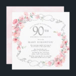 Roze Floral Cherry Blossom 90th Birthday Party Kaart<br><div class="desc">Soft blush roze cherry bloesems zijn verweven met een elegant zilver lijst. De details van de 90e verjaardag worden geschreven in een zachte grijze tekst. Deze vierkant verjaardagsuitnodiging heeft een zacht roze waterverf op de achterkant. Het is partij bij het 90e Birthday Cherry Blossom collectie. Het bevat de punten u...</div>