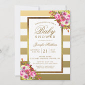 Roze Floral Chic Gold White Stripes Baby shower Kaart (Voorkant)