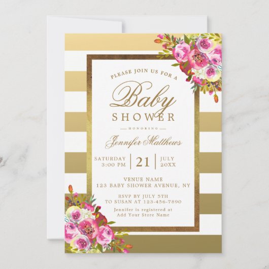 Roze Floral Chic Gold White Stripes Baby shower Kaart (Voorkant)