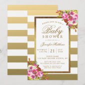 Roze Floral Chic Gold White Stripes Baby shower Kaart (Voorkant / Achterkant)