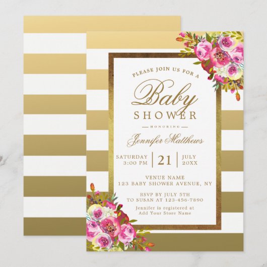 Roze Floral Chic Gold White Stripes Baby shower Kaart (Voorkant / Achterkant)