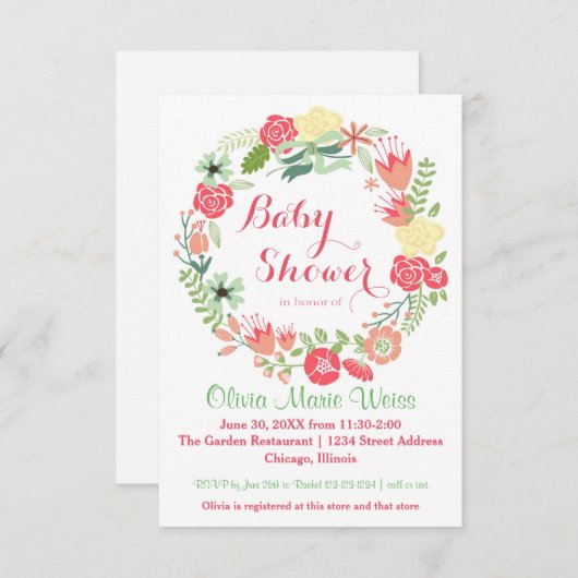 Roze Floral Circle Wreate - 3x5 Baby shower nodigt Kaart (Voorkant / Achterkant)