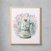 Roze Floral Coffee Kettle Waterverf Kitchen Poster