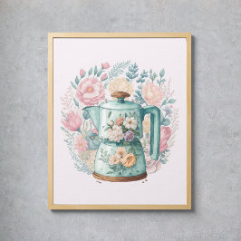 Roze Floral Coffee Kettle Waterverf Kitchen Poster