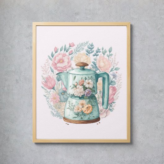 Roze Floral Coffee Kettle Waterverf Kitchen Poster