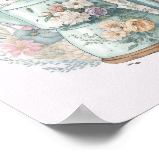 Roze Floral Coffee Kettle Waterverf Kitchen Poster (Hoek)