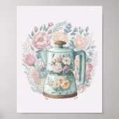 Roze Floral Coffee Kettle Waterverf Kitchen Poster (Voorkant)
