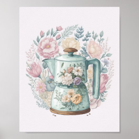 Roze Floral Coffee Kettle Waterverf Kitchen Poster (Voorkant)