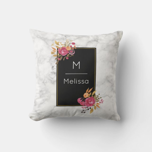 Roze Floral Corner Bouquets op Black Lijst Custom Kussen (Voorkant)