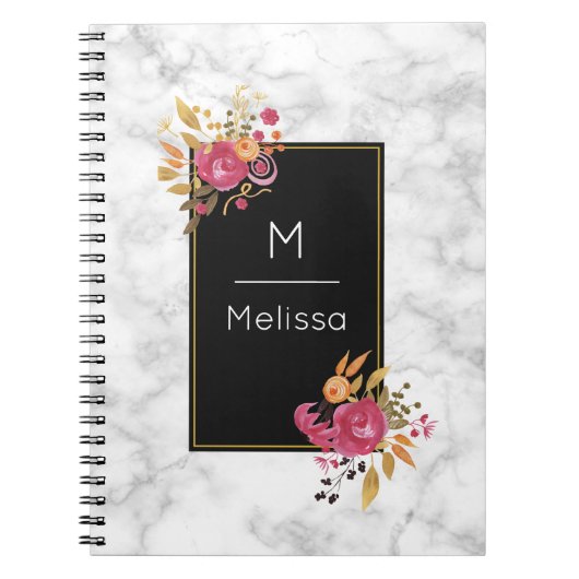 Roze Floral Corner Bouquets op Black Lijst Custom Notitieboek (Voorkant)