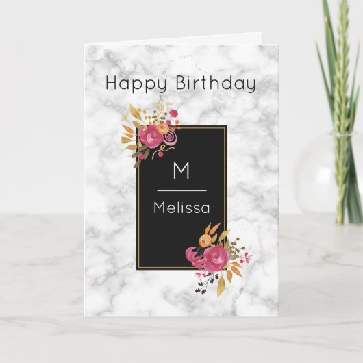 Roze Floral Corner Bouquets op zwart Lijst Kaart (Voorkant)