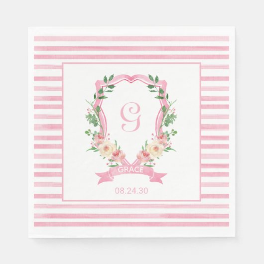 Roze Floral Crest Baby shower Napkins Servet (Voorkant)