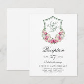 Roze Floral Crest bruiloft receptie Informatiekaartje (Voorkant / Achterkant)