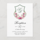 Roze Floral Crest bruiloft receptie Informatiekaartje (Voorkant)