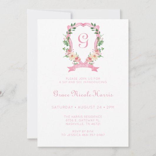 Roze Floral Crest Girl Sip en zie uitnodiging (Voorkant)