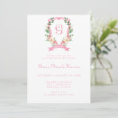 Roze Floral Crest Girl Sip en zie uitnodiging (Staand voorkant)