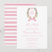 Roze Floral Crest is een meisje Baby shower Kaart (Voorkant / Achterkant)