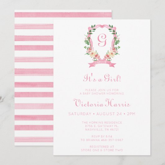 Roze Floral Crest is een meisje Baby shower Kaart (Voorkant / Achterkant)
