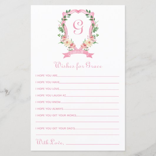 Roze Floral Crest Wishes for Baby (Voorkant)