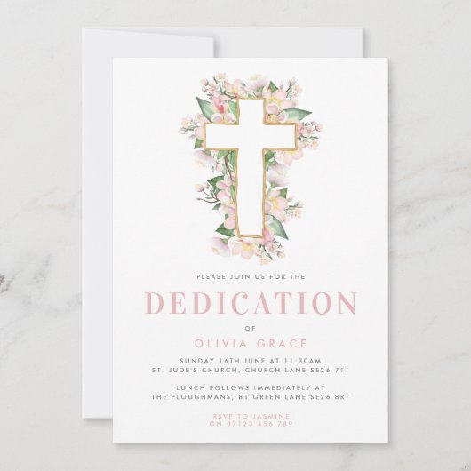 Roze Floral Cross Baby Dedication Invitation Kaart (Voorkant)