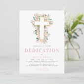 Roze Floral Cross Baby Dedication Invitation Kaart (Staand voorkant)