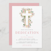Roze Floral Cross Baby Dedication Invitation Kaart (Voorkant / Achterkant)