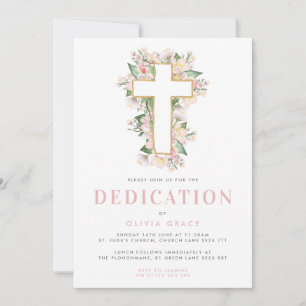Roze Floral Cross Baby Dedication Invitation Kaart