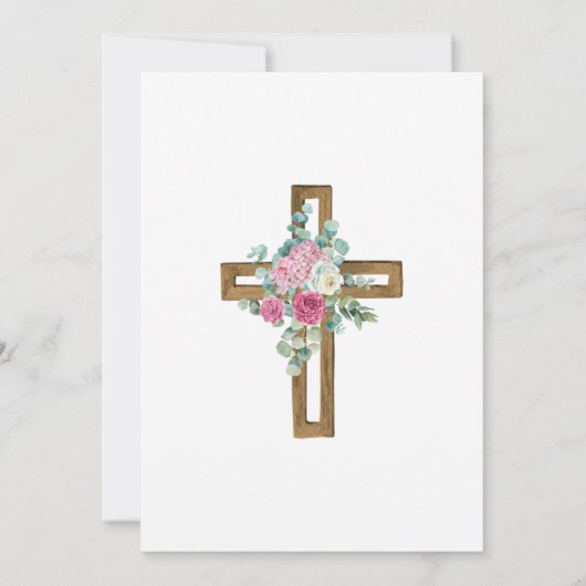 Roze Floral Cross Baptism Christening Uitnodiging (Achterkant)
