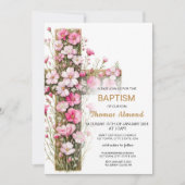 Roze Floral Cross Baptism Uitnodiging (Voorkant)