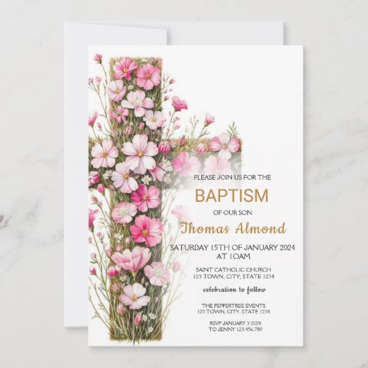 Roze Floral Cross Baptism Uitnodiging (Voorkant)